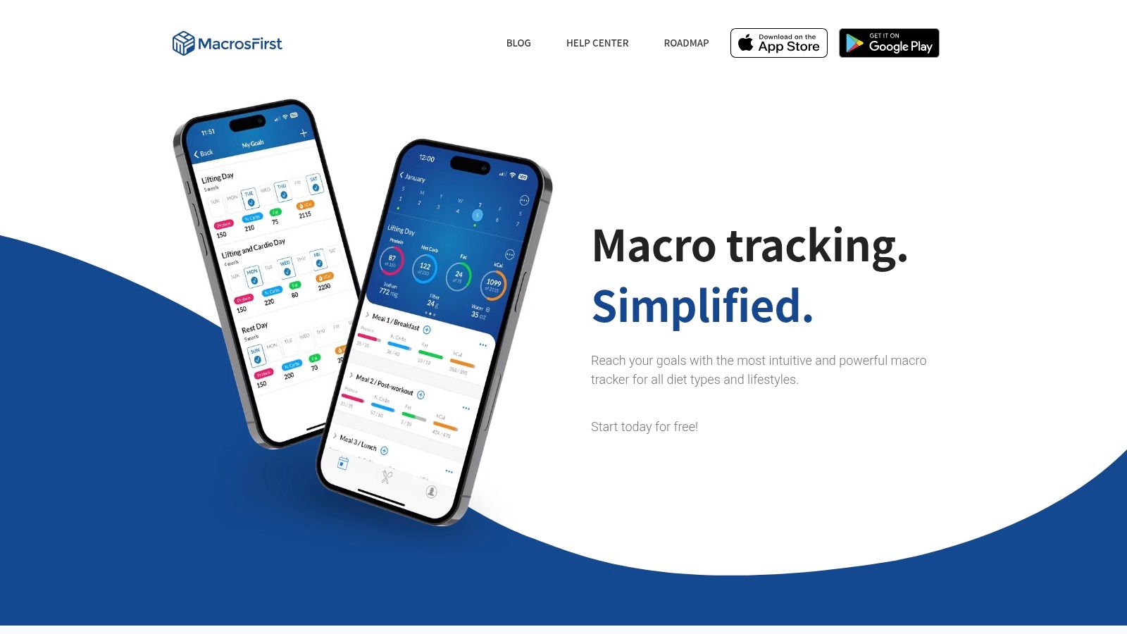 MacrosFirst app interface showing daily macro goals and meal breakdown.