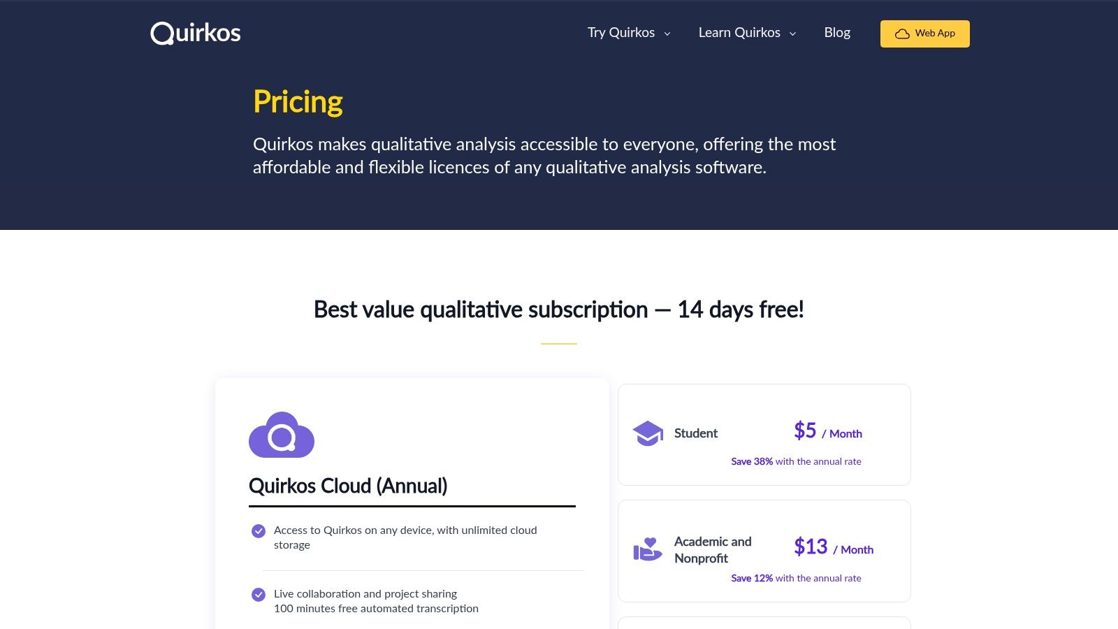 Quirkos pricing plans showing its affordable subscription tiers.
