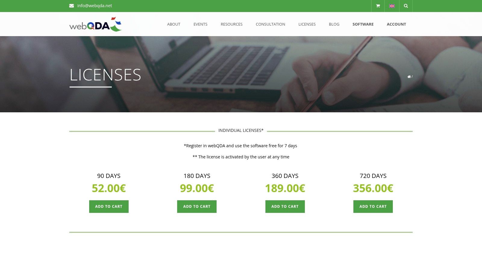 webQDA software licenses showing flexible time-based options.