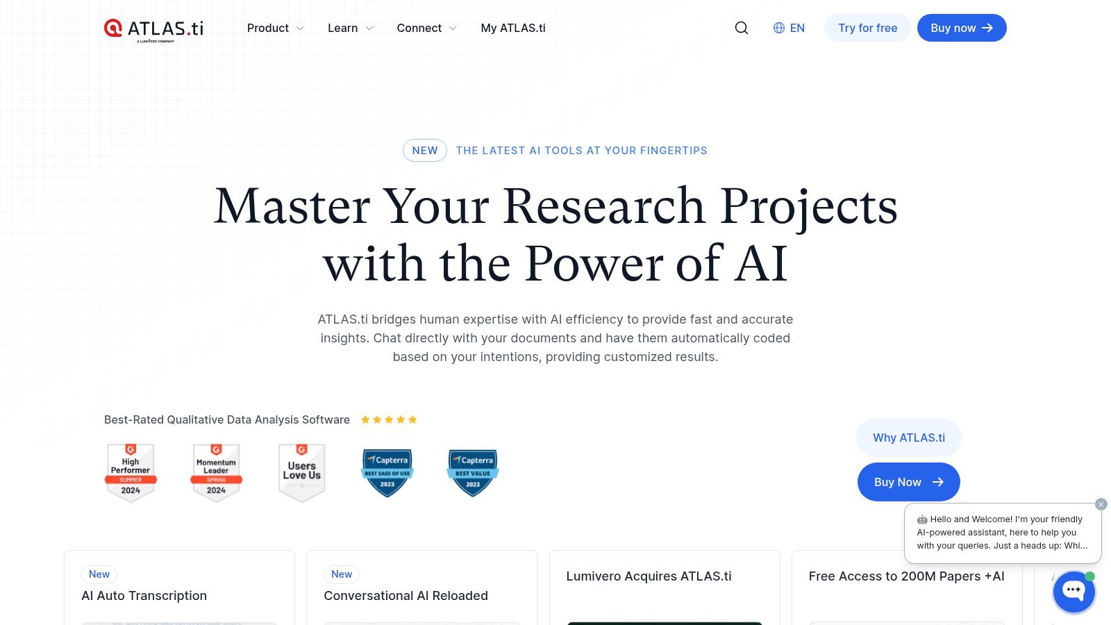 ATLAS.ti software homepage showing its various features and tools for qualitative analysis.