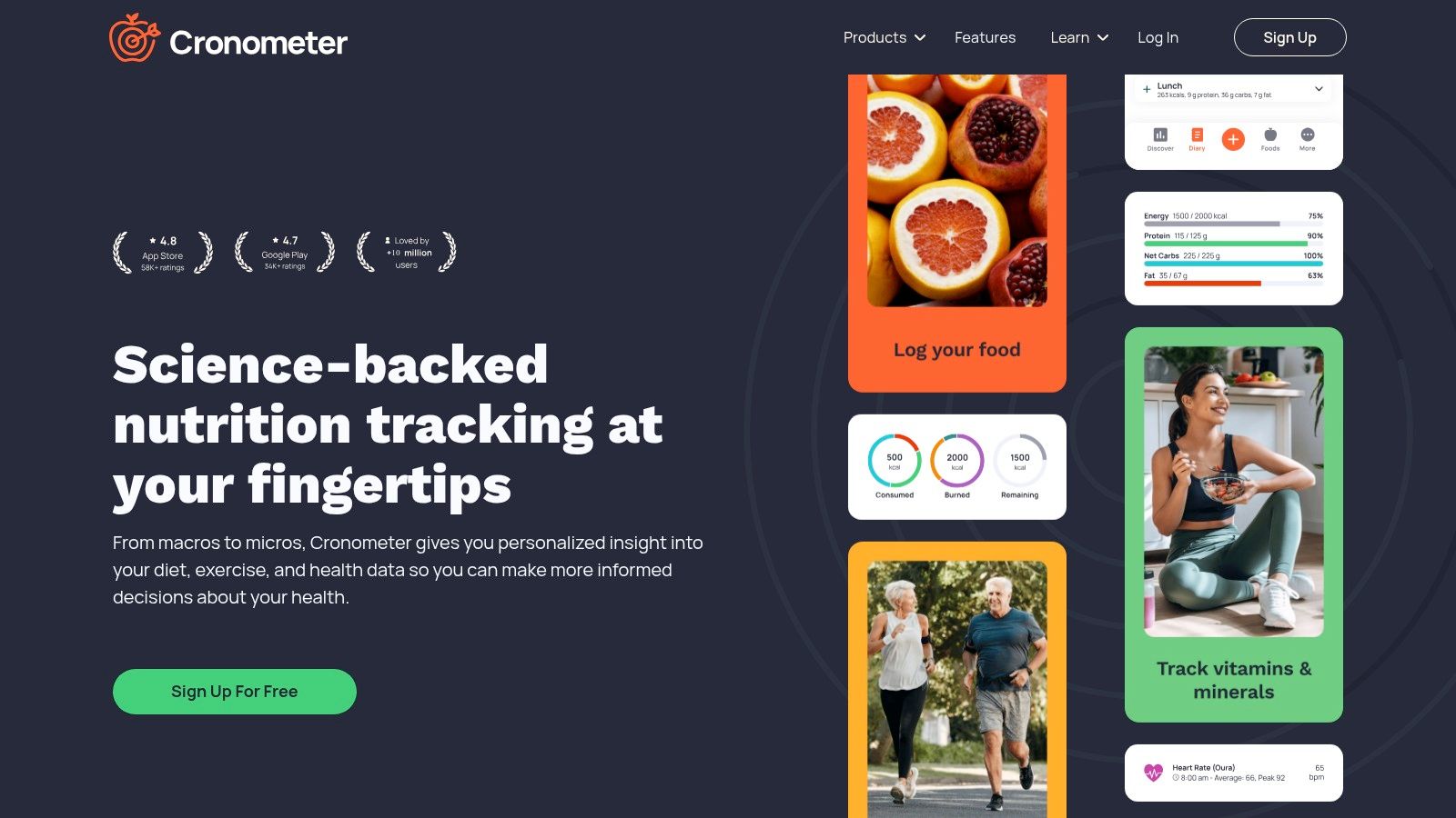 Cronometer app interface showing daily nutrition targets and logged food items.