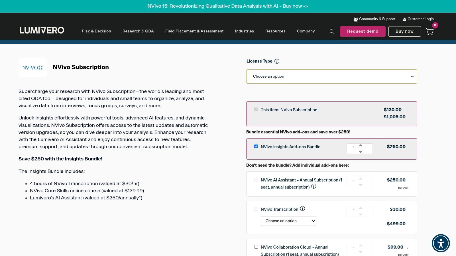 Lumivero (NVivo) pricing options for subscriptions and perpetual licenses.