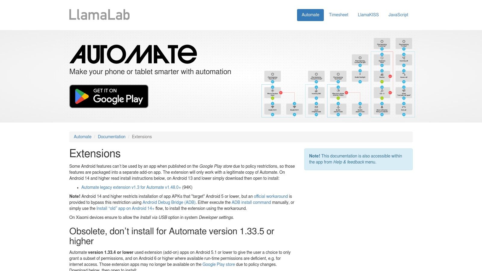 Automate (LlamaLab) — Extensions and Docs