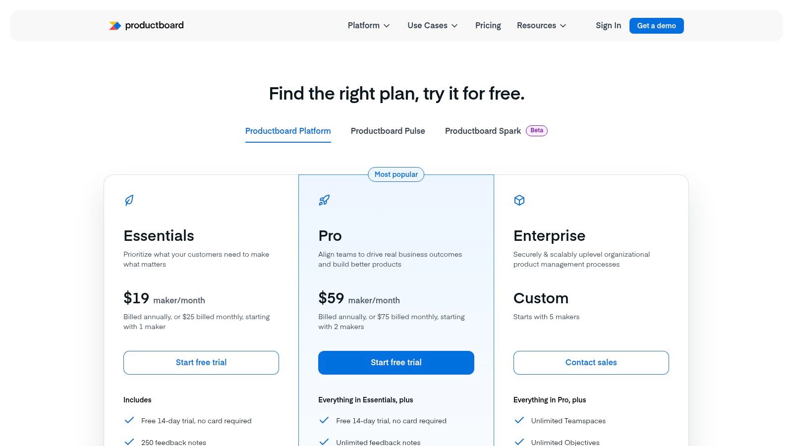 Productboard pricing plans