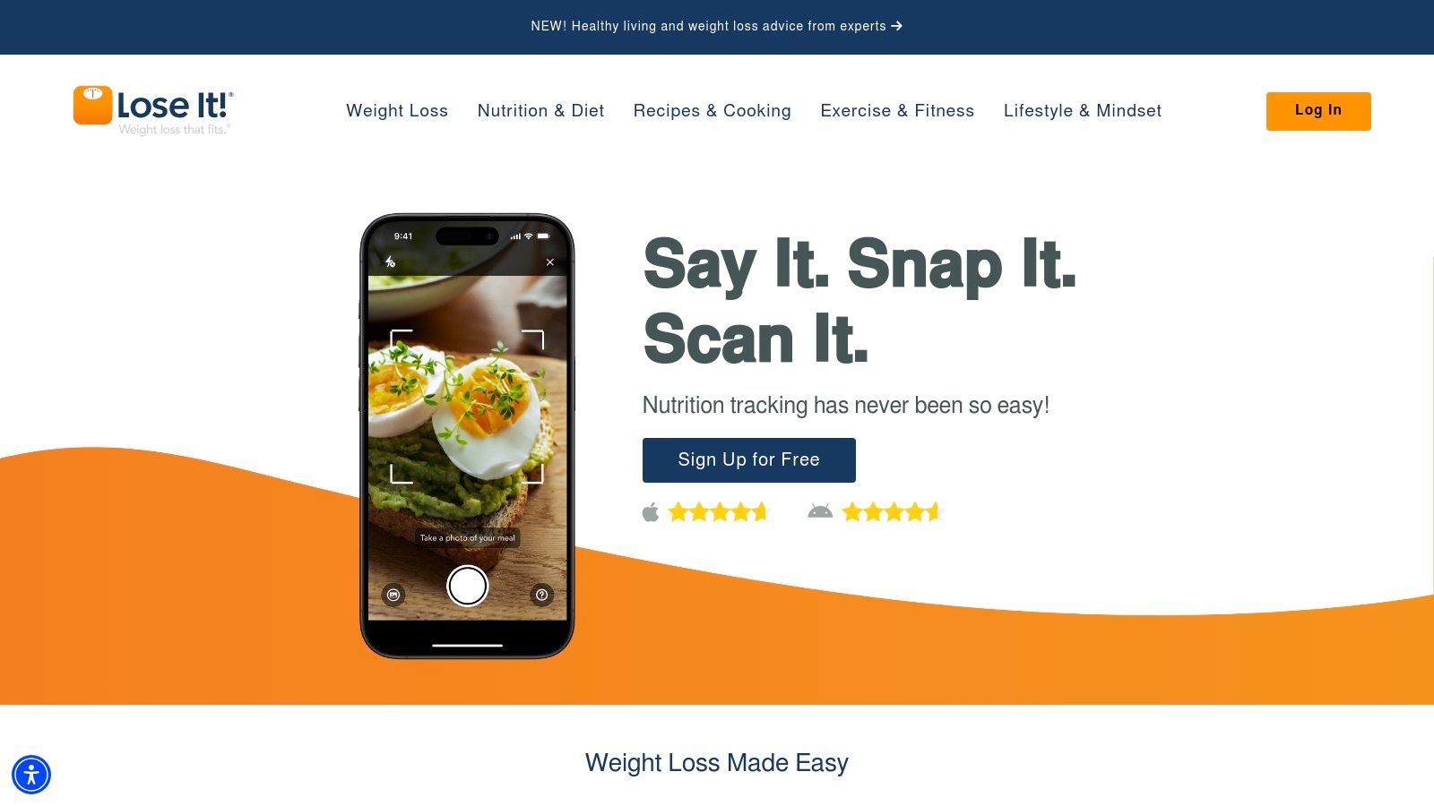 Lose It! app interface showing daily calorie budget and macro breakdown.