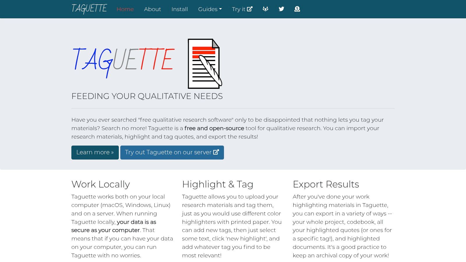 The simple and clean user interface of Taguette, a free qualitative analysis tool.