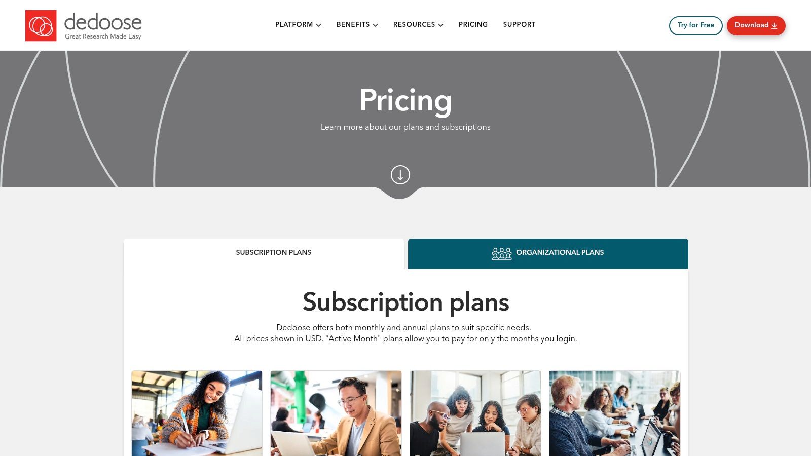 Dedoose pricing plans for subscriptions.