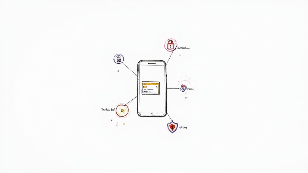 A diagram showing the different components of a payments gateway API, such as authentication, tokenization, endpoints, and webhooks, interacting with each other.