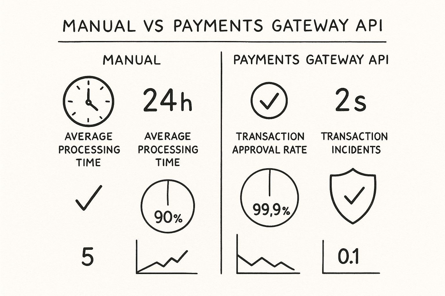 Infographic comparing manual payment processing to a payments gateway API, showing faster processing time, higher approval rates, and fewer security incidents for the API.