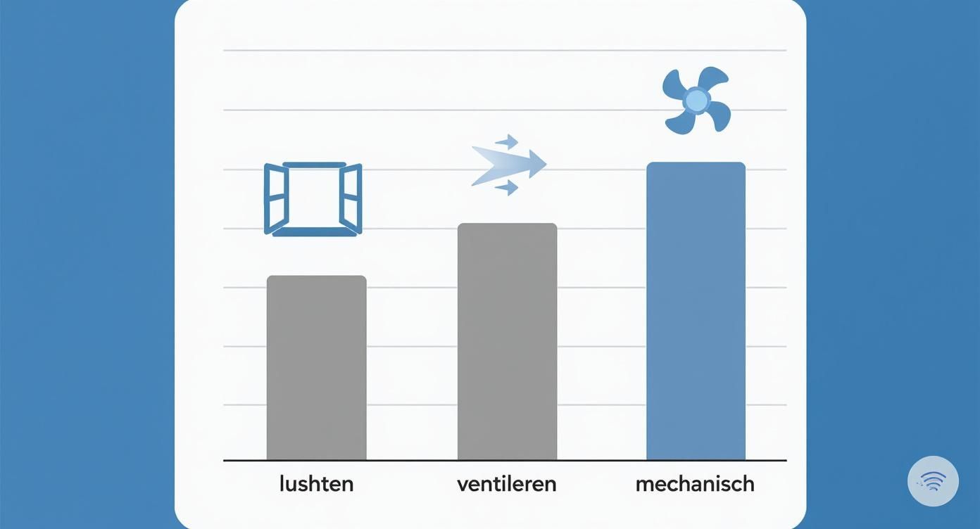 Infographic over ventilatiemethoden met iconen voor luchten, ventileren en mechanische ventilatie.
