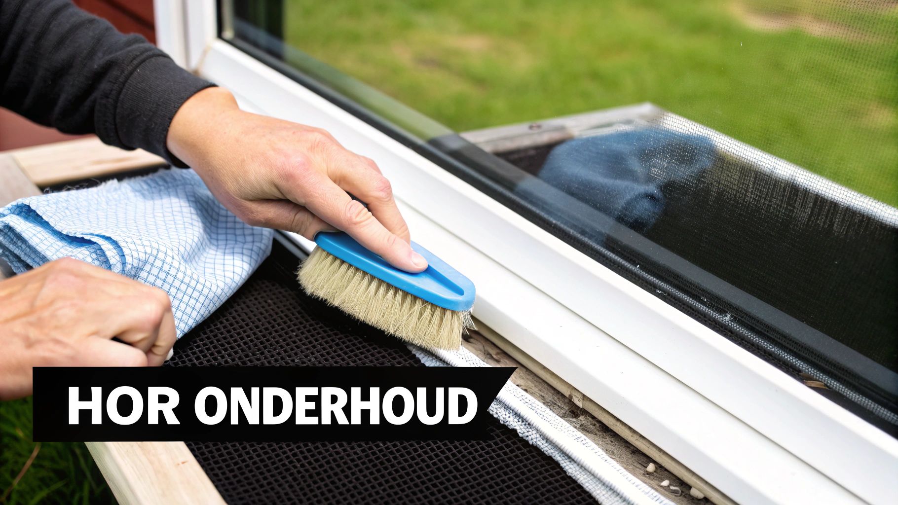 Een vliegenraam voor een schuifraam wordt voorzichtig schoongemaakt met een zachte doek.