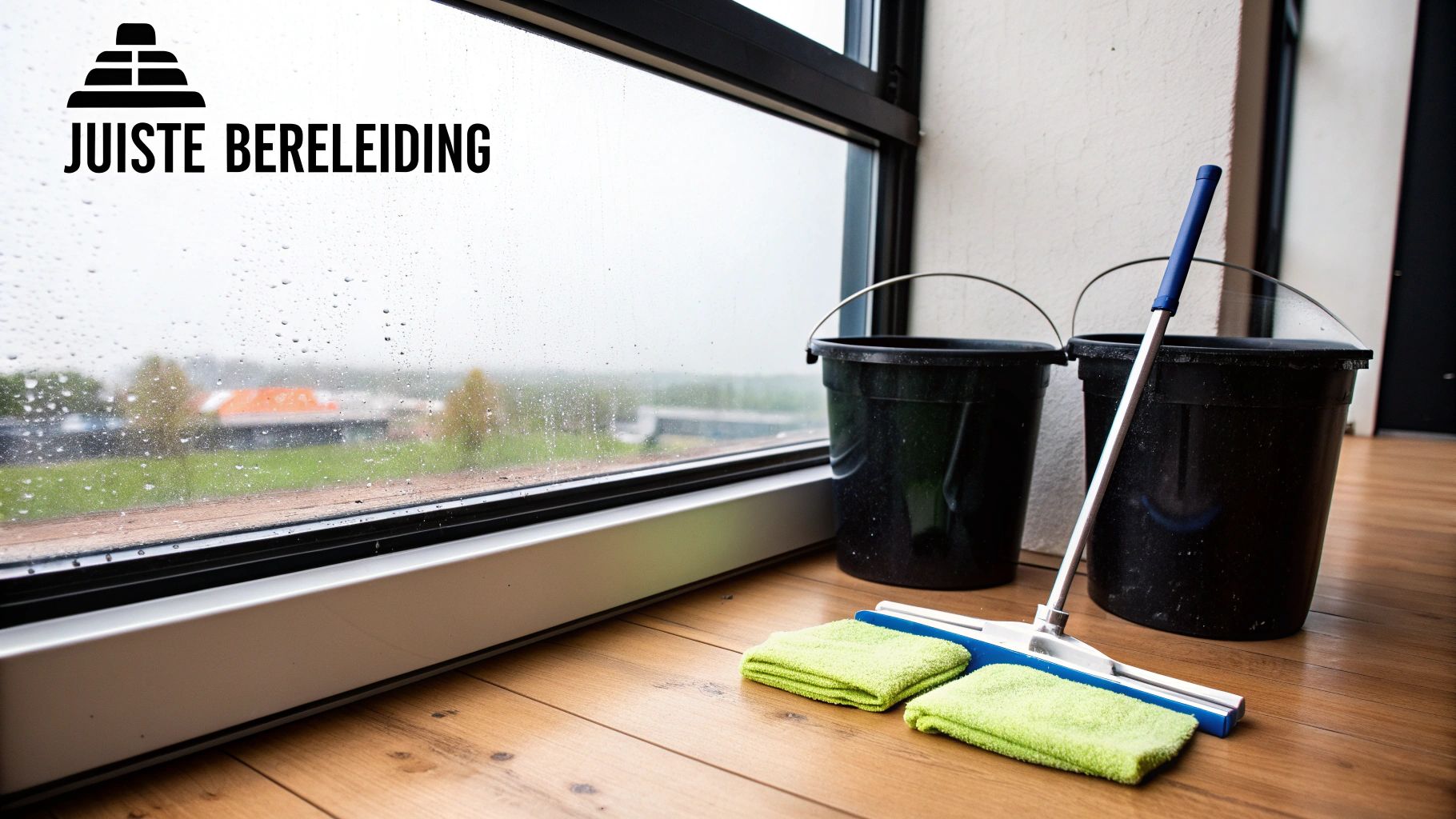 Een emmer met schoonmaakspullen voor het wassen van ramen