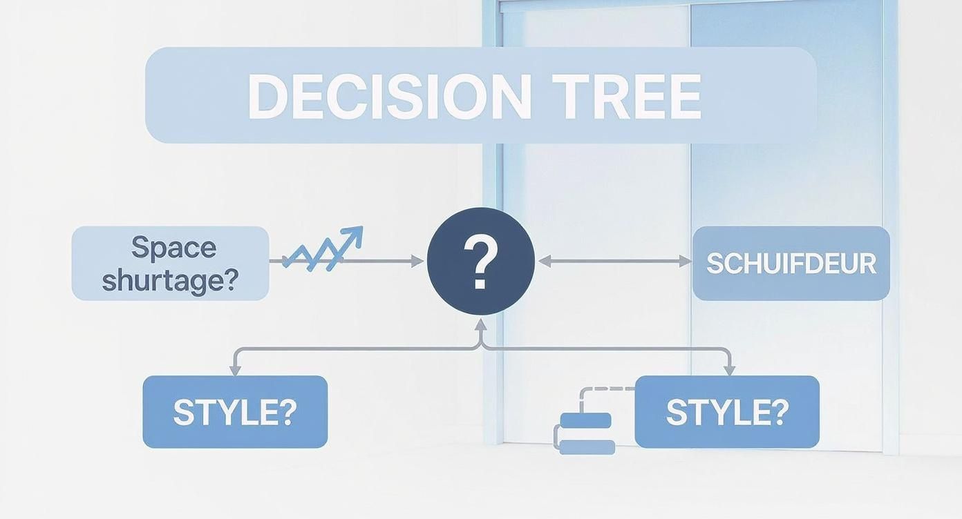 Een beslissingsboom diagram over schuifdeuren, met vragen over ruimtegebrek en stijlopties.