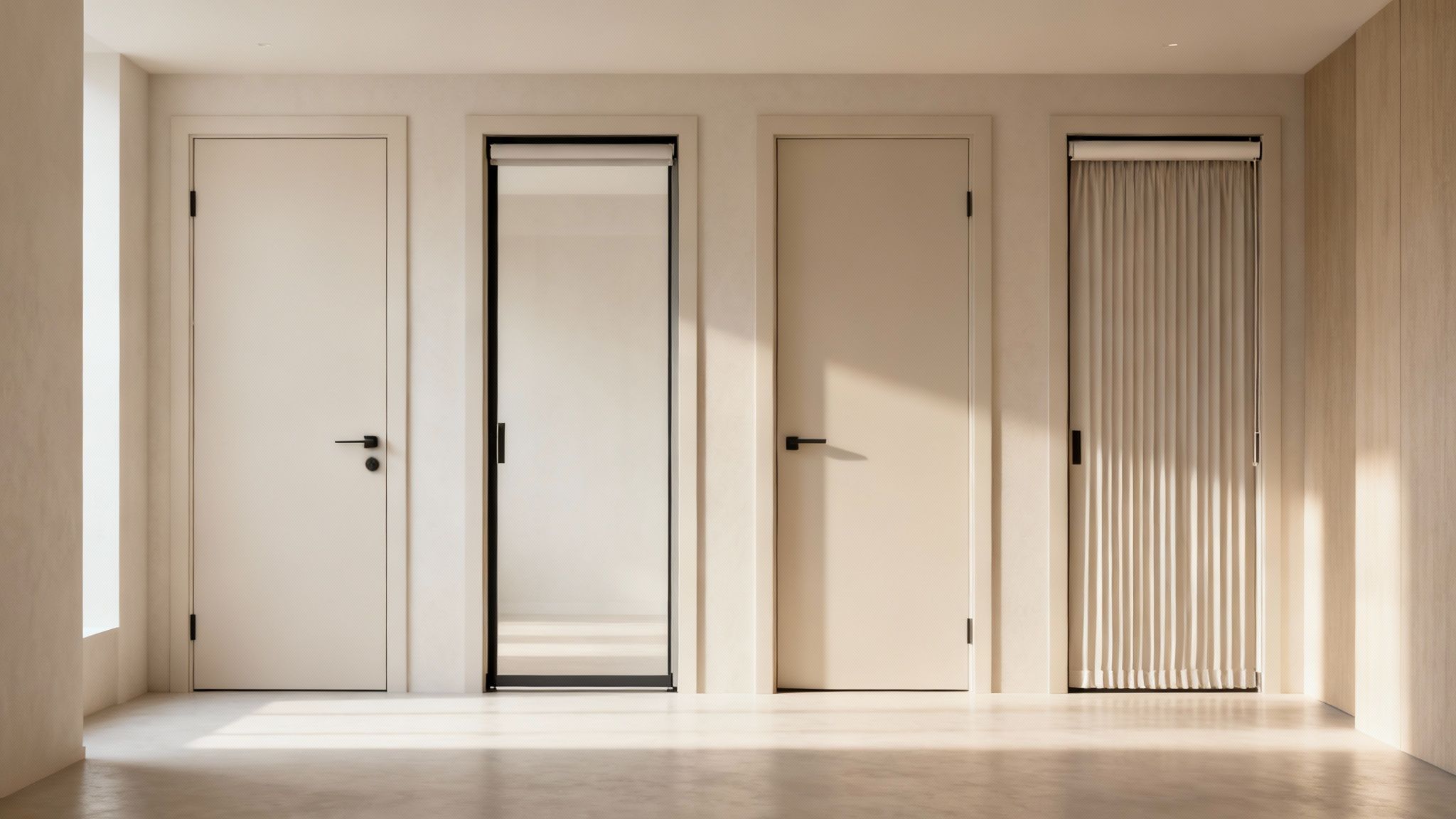 Een moderne hal met vier verschillende deuren, waaronder twee effen, een glazen en een met vouwgordijn, verlicht door zonlicht.