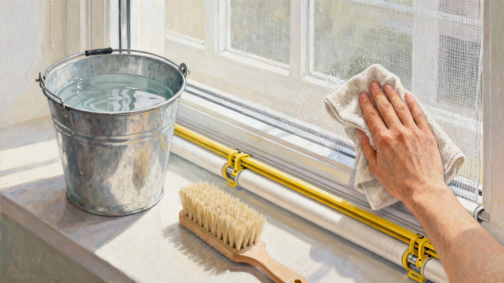 Hand die met een doek een vliegenraam schoonmaakt met emmer water en borstel