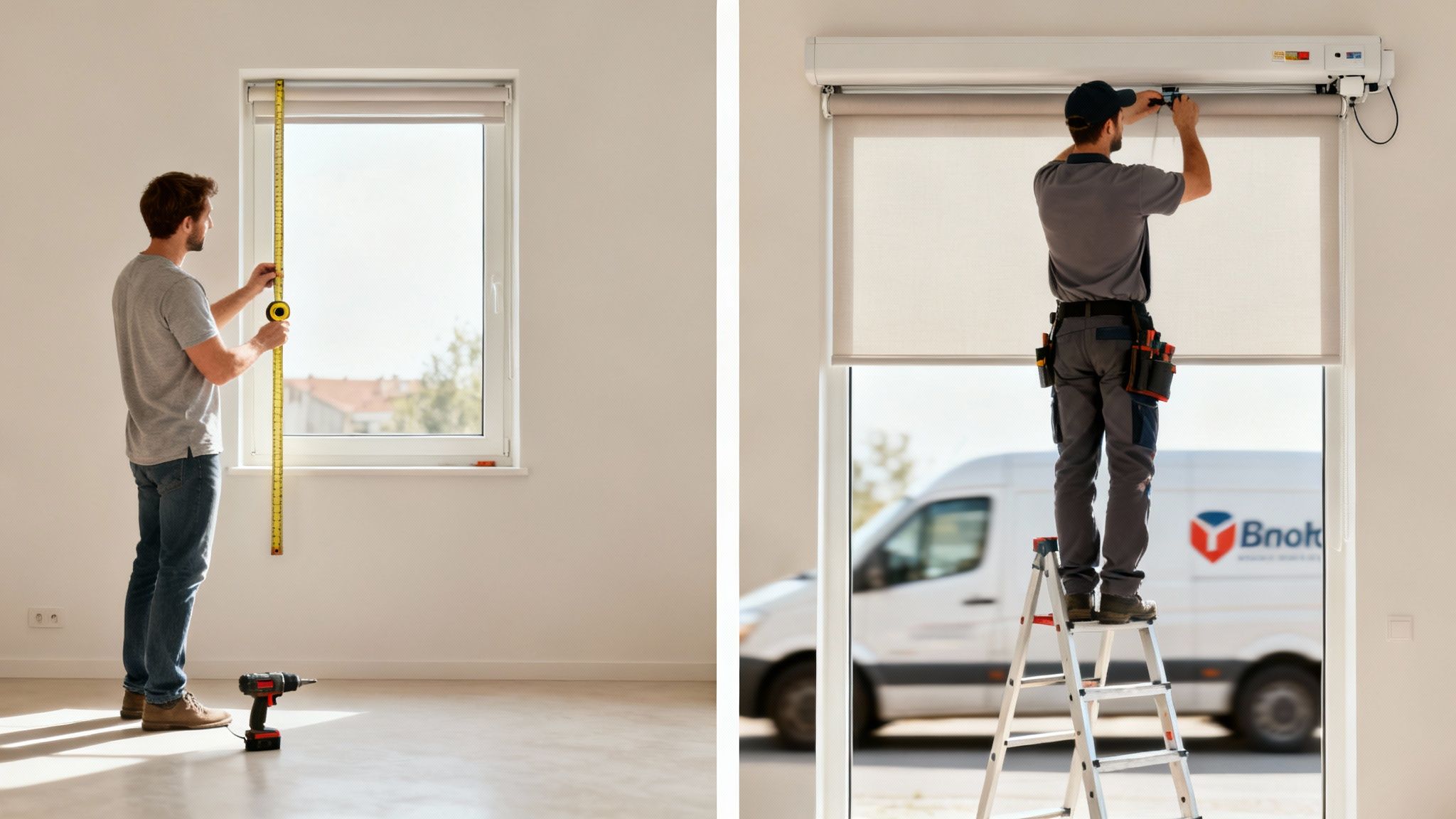 Een man meet een raam op voor zonwering, terwijl een installateur een zonnescherm monteert.