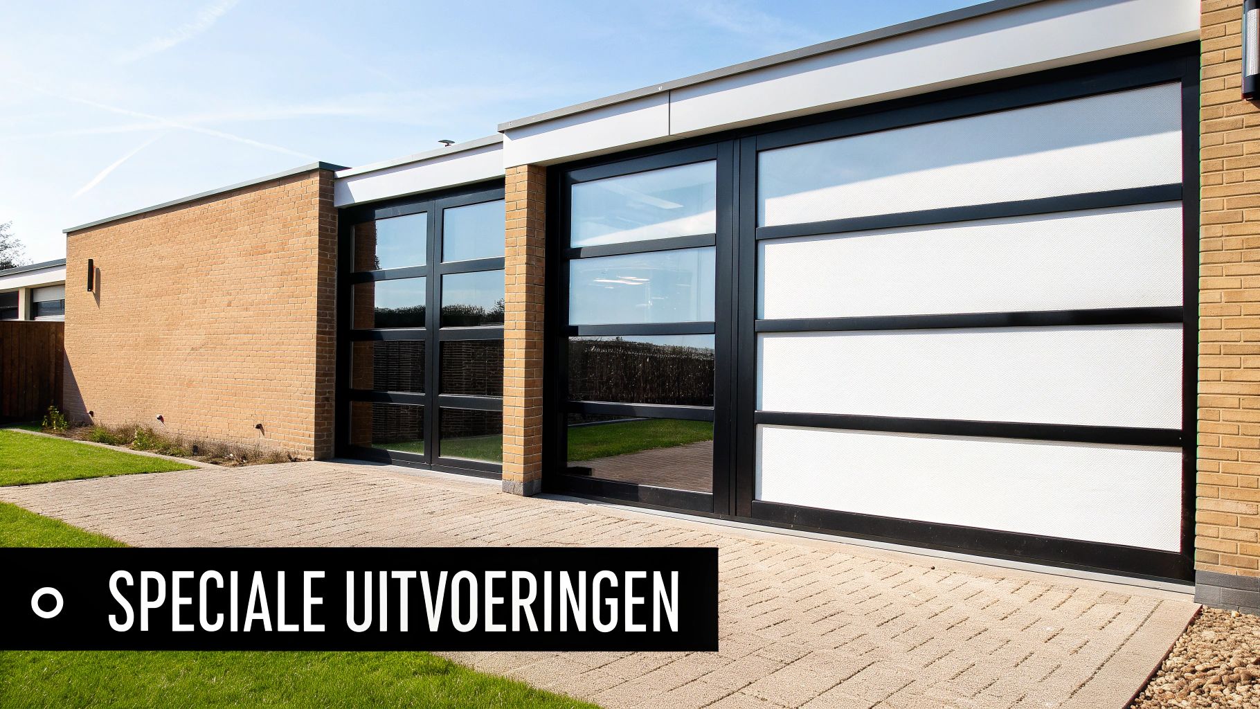 Lichtgrijze sectionale poort met raampjes in de panelen