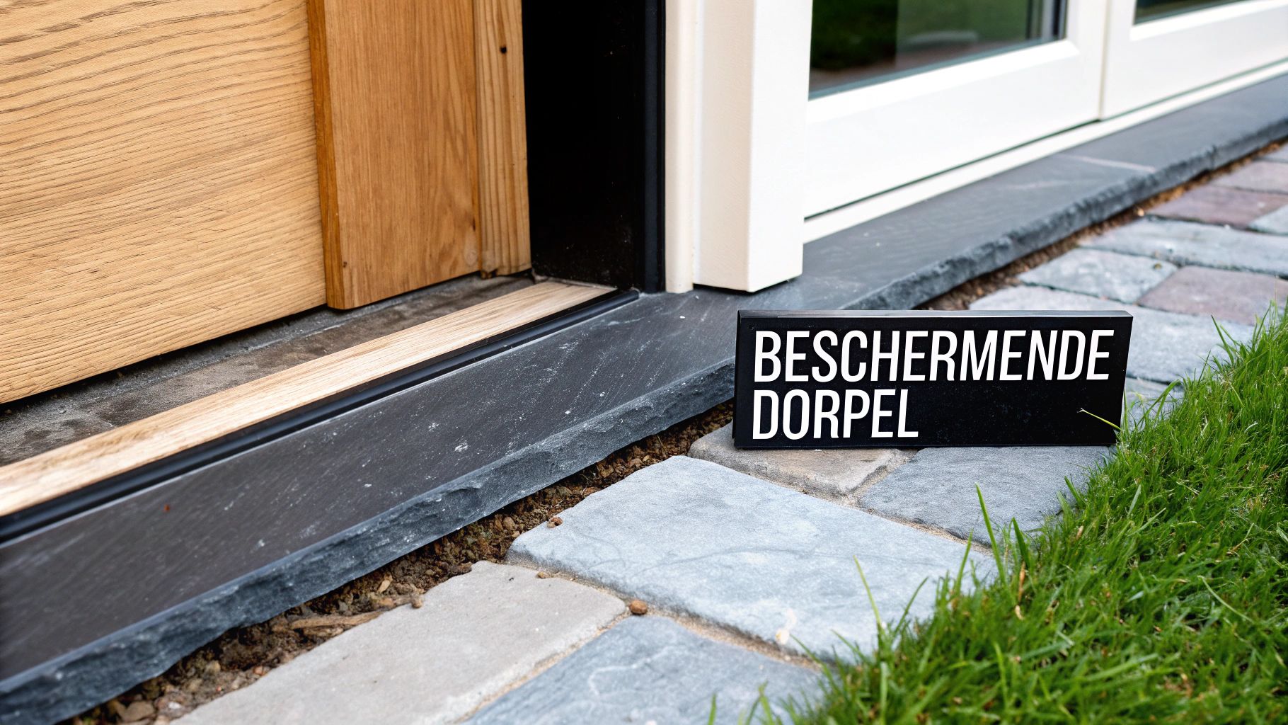 Een close-up van een prachtig afgewerkte dorpel in blauwe steen onder een moderne voordeur