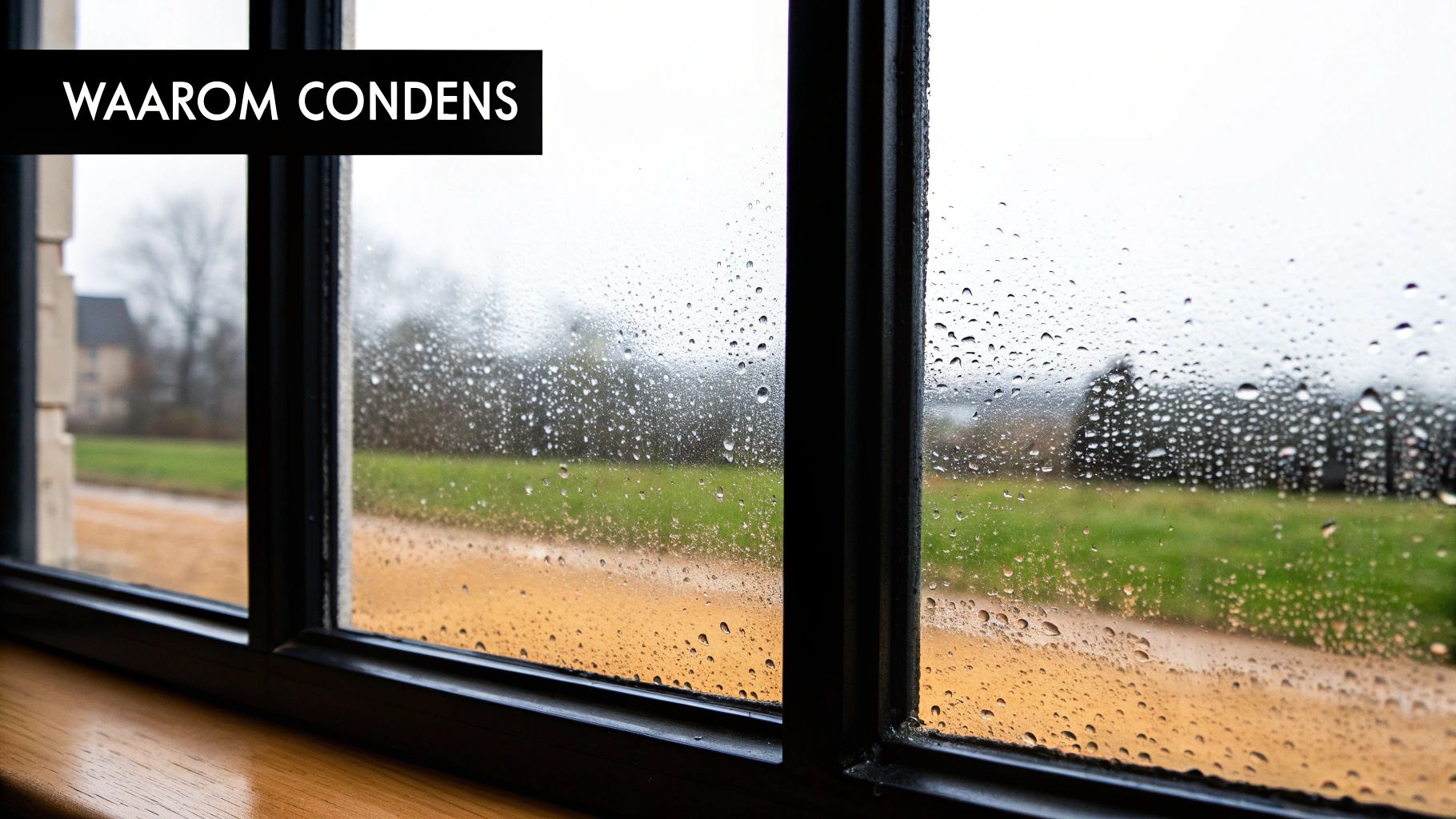 Een close-up van een raam met zware condensatie aan de binnenkant, met waterdruppels die naar beneden lopen.