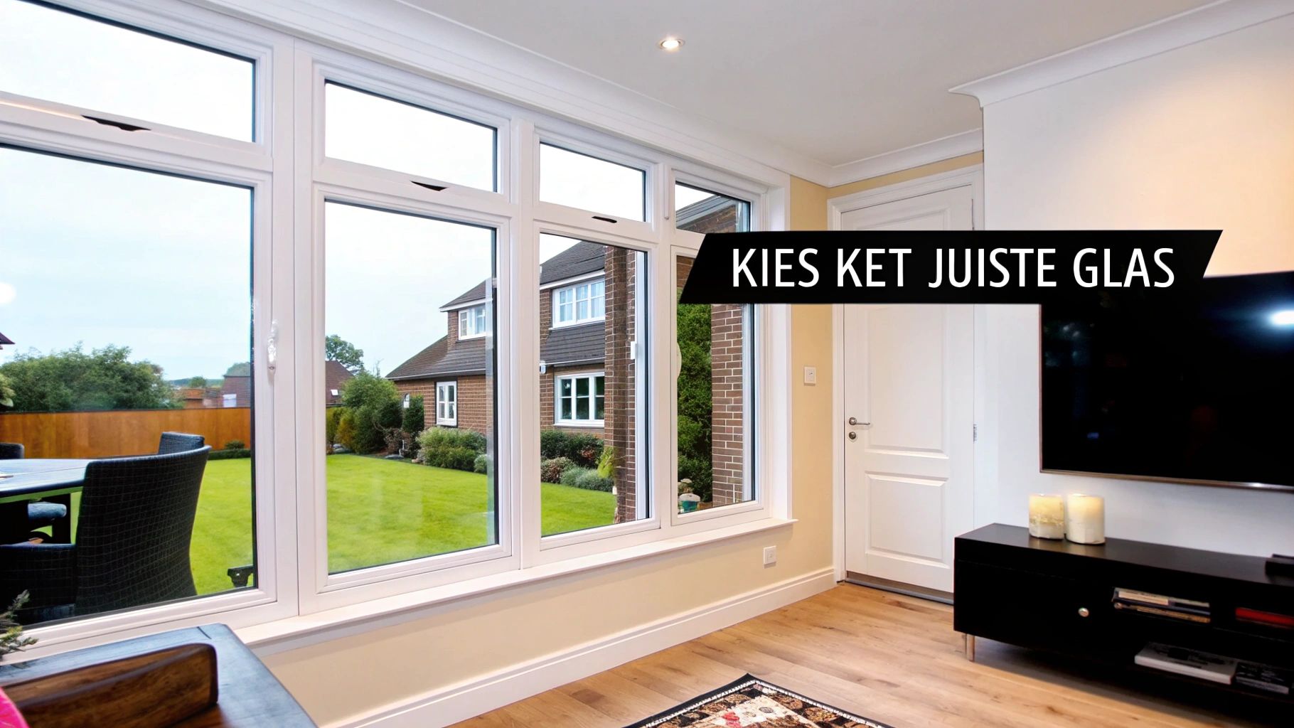 Een close-up van een HR++ dubbel glas paneel, waarop de verschillende lagen en de spouw duidelijk zichtbaar zijn.