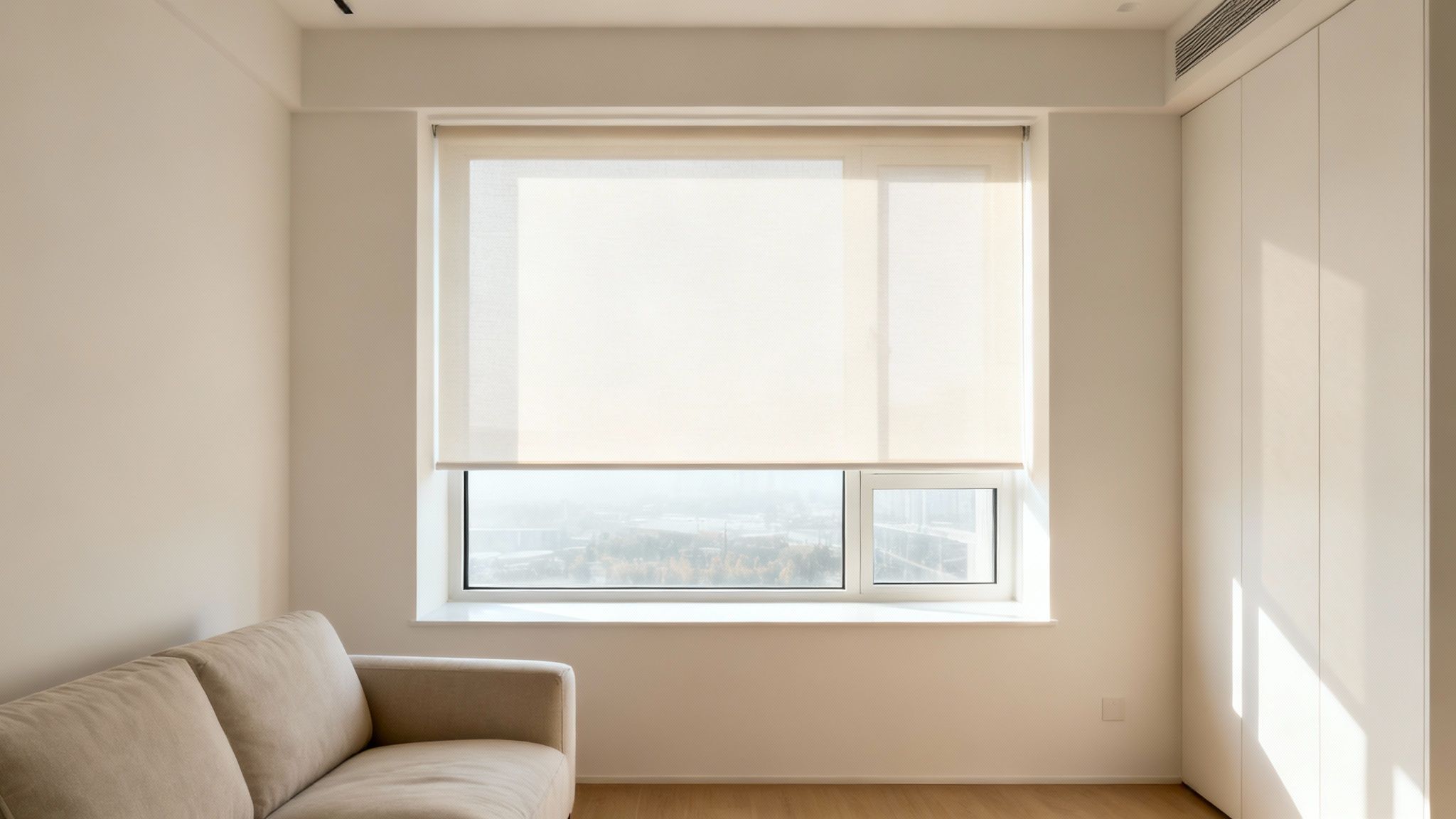 Een lichte, minimalistische kamer met een raam met rolgordijnen, een bank en ingebouwde kasten. Zonlicht valt binnen.