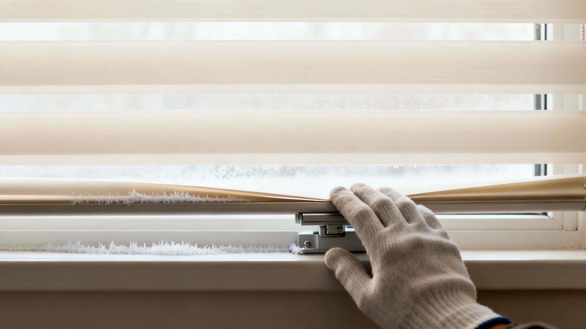 Een gehandschoende hand verstelt een beige rolgordijn met strepen, terwijl ijskristallen op de vensterbank en de onderkant van het gordijn liggen.