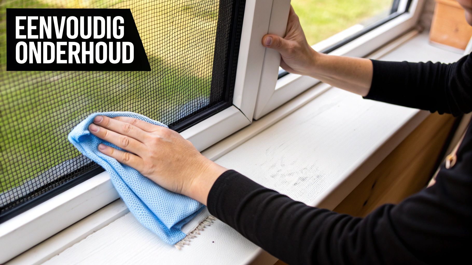 Een persoon die voorzichtig een vliegenraam reinigt met een zachte doek