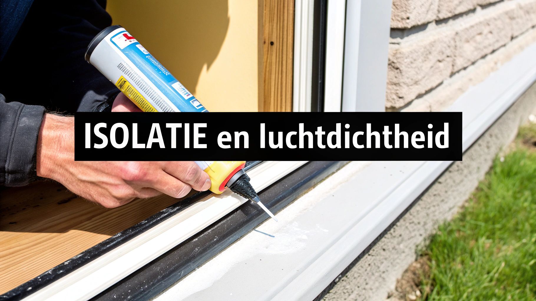 Iemand vult de naad tussen raam en muur op met isolatieschuim voor een betere luchtdichtheid.