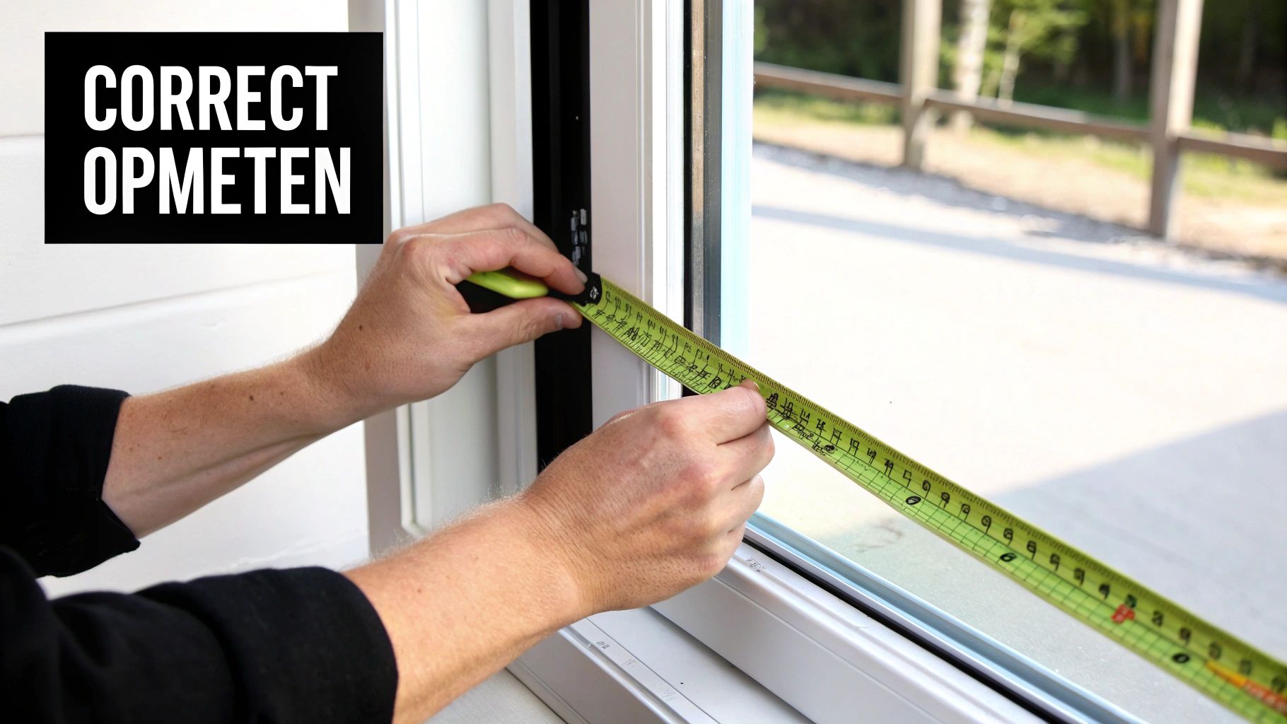Een persoon die een schuifraam opmeet voor een vliegenraam