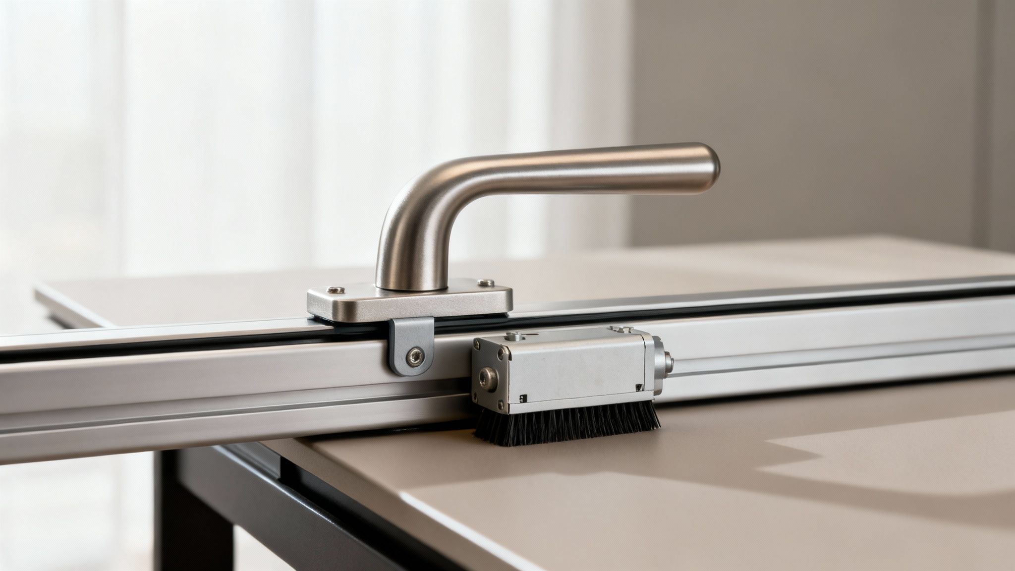 Gedetailleerde weergave van een geborsteld metalen handvat en een borstelmechanisme op een schuifrail.