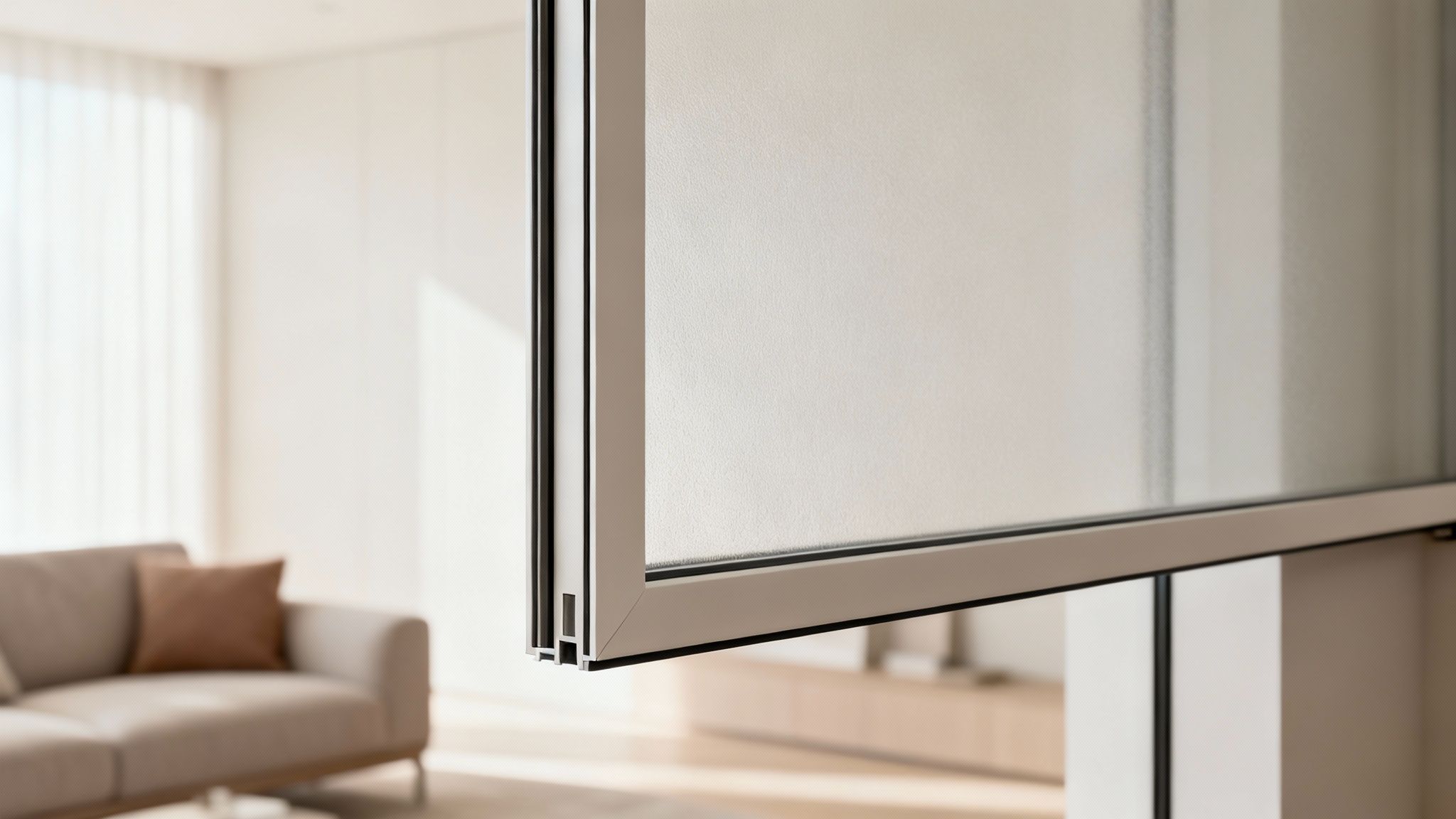 Gedetailleerde weergave van een moderne lichtgekleurde schuifdeur of vliegendeur, met een wazige woonkamer op de achtergrond.