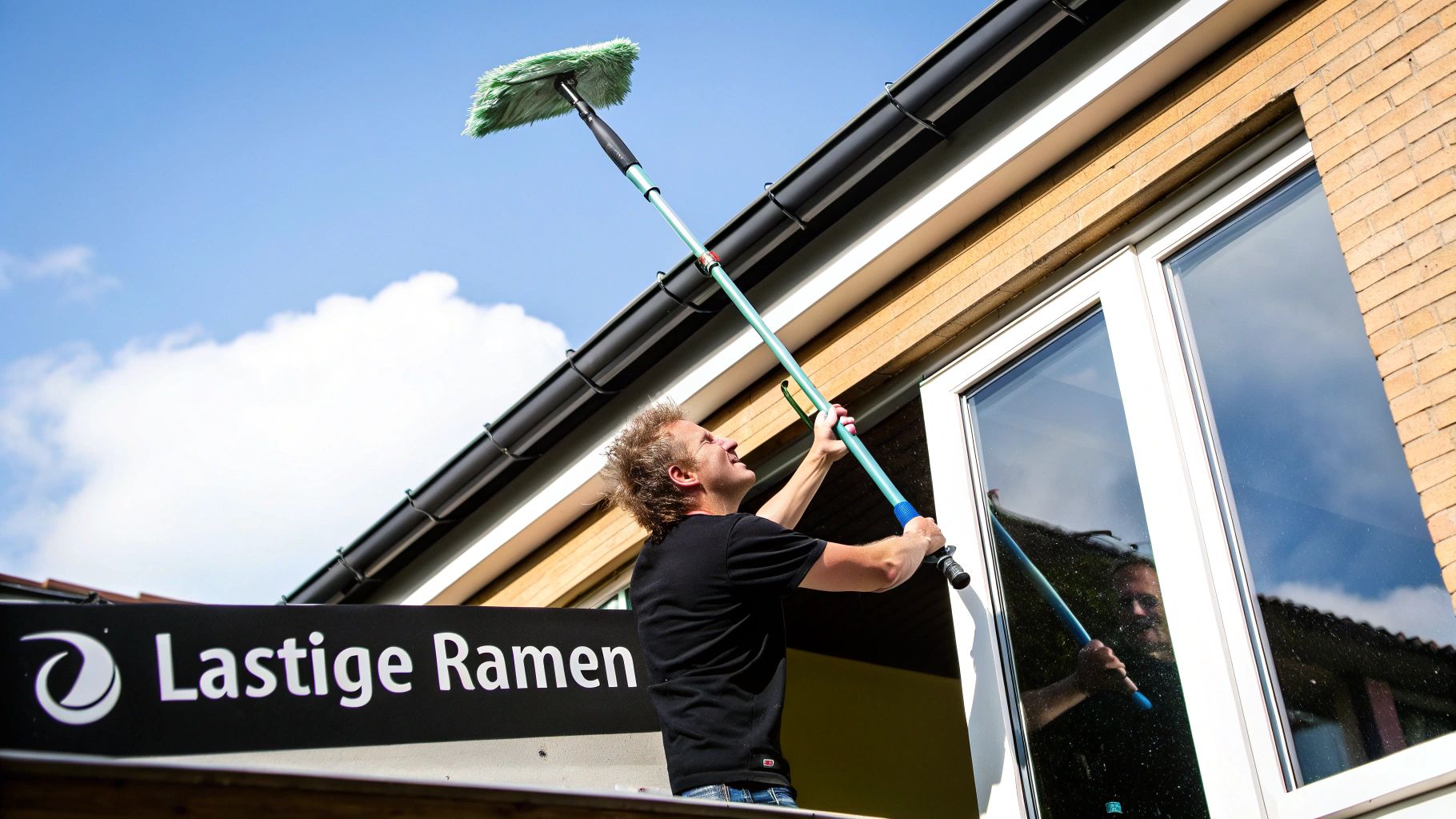 Een persoon die een moeilijk bereikbaar raam wast met een telescopische steel
