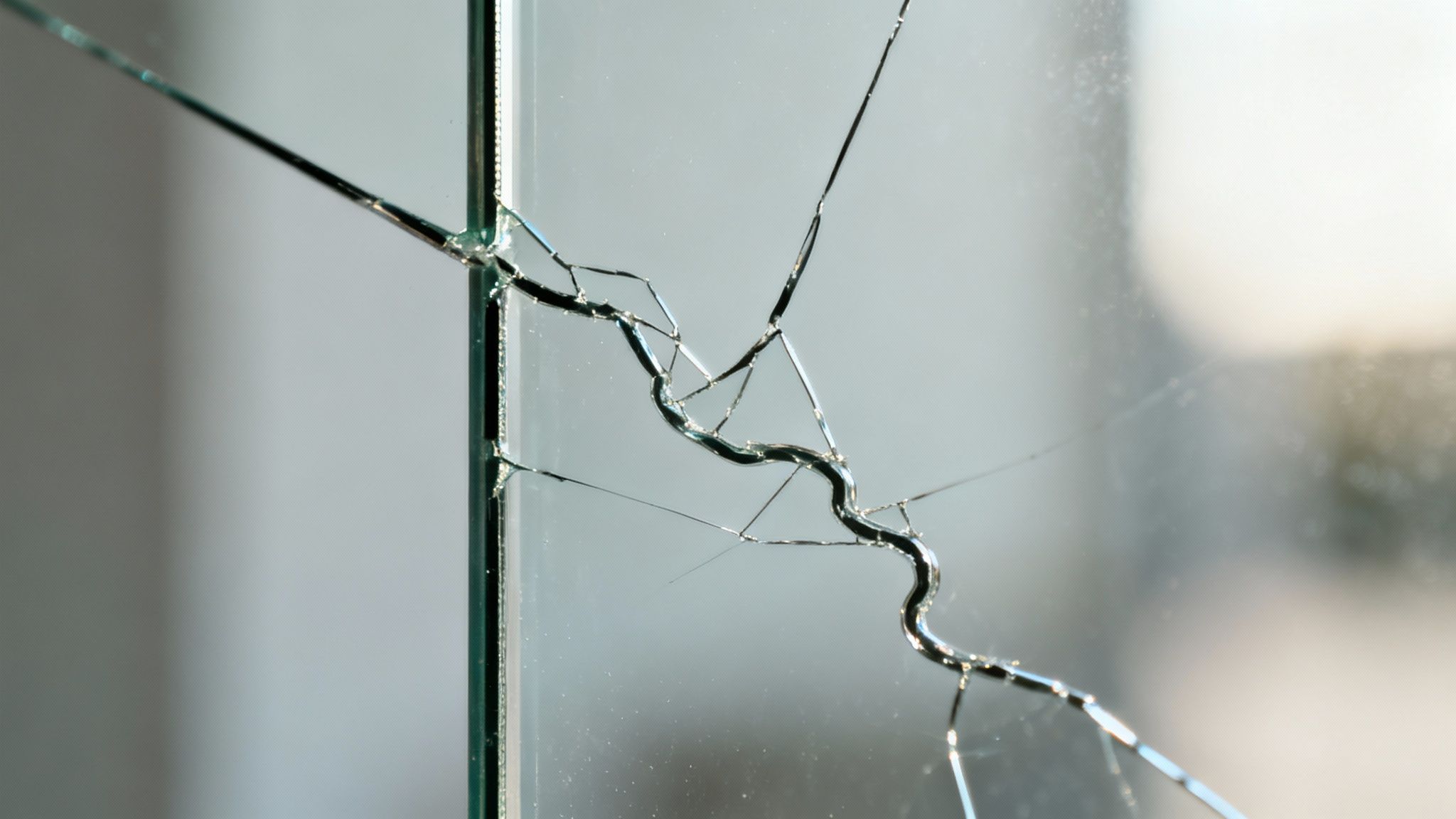 Gedetailleerd beeld van gebarsten glas, met een opvallende breuklijn langs de rand.