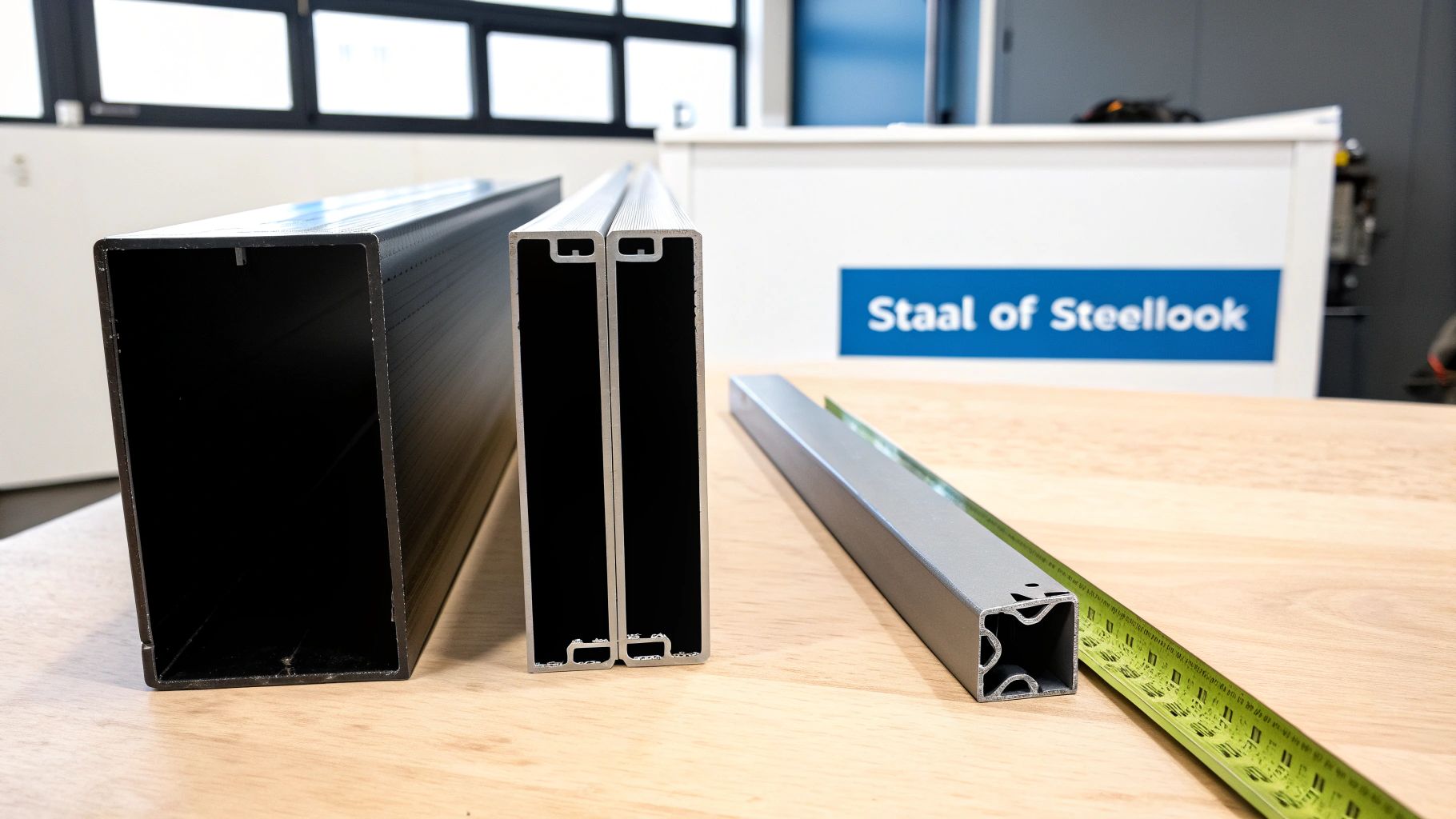 Een moderne zwarte stalen deur met glas die een woonkamer scheidt van een hal.