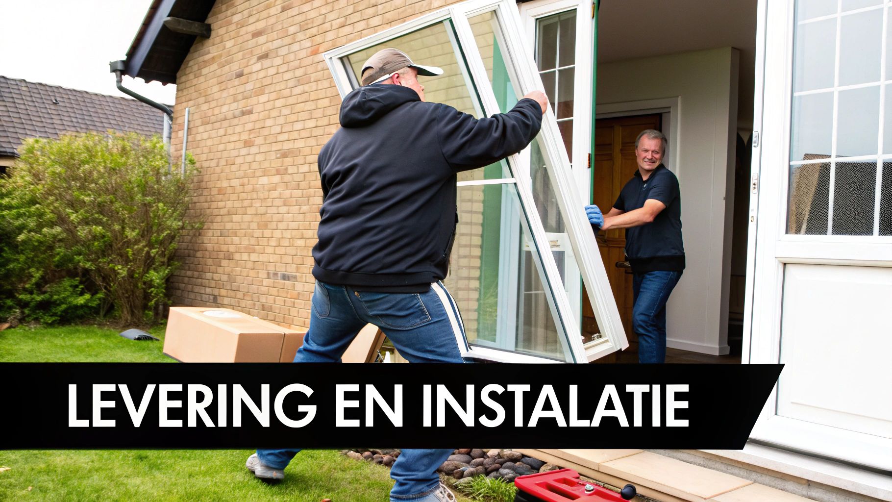 Een vakman die voorzichtig een groot paneel dubbel glas installeert in een houten kozijn.