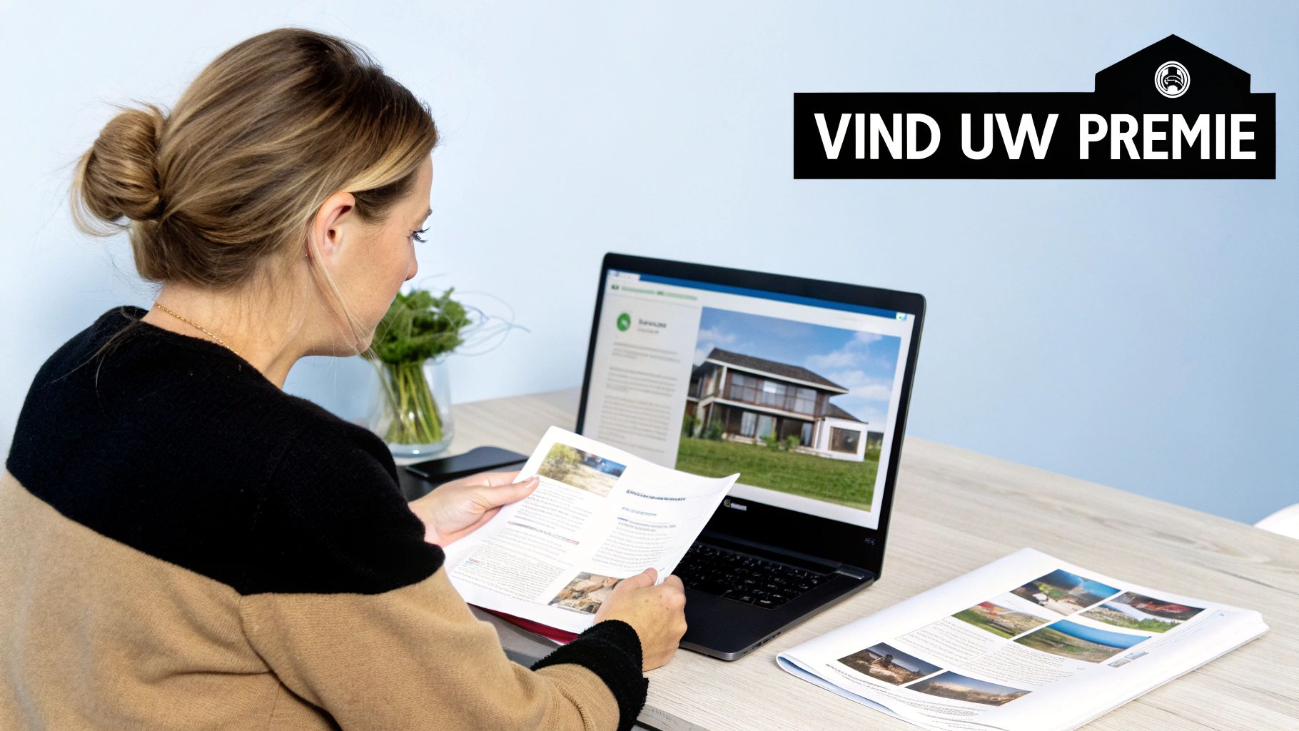 Vrouw bekijkt informatie over renovatiepremie voor nieuwe ramen op laptop met documentatie