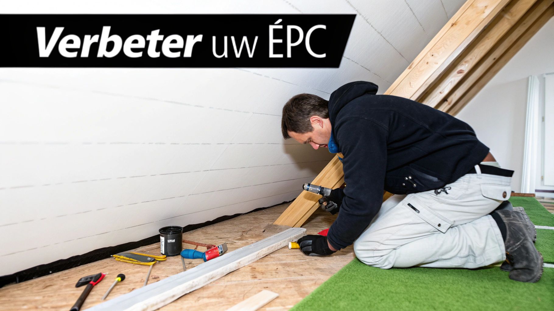 Een bouwvakker installeert een nieuw, energiezuinig raam in een gerenoveerde woning