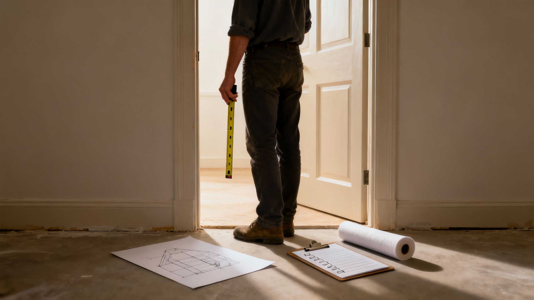 Aannemer met meetlint staat bij bouwtekening en checklist voor doe-het-zelf project