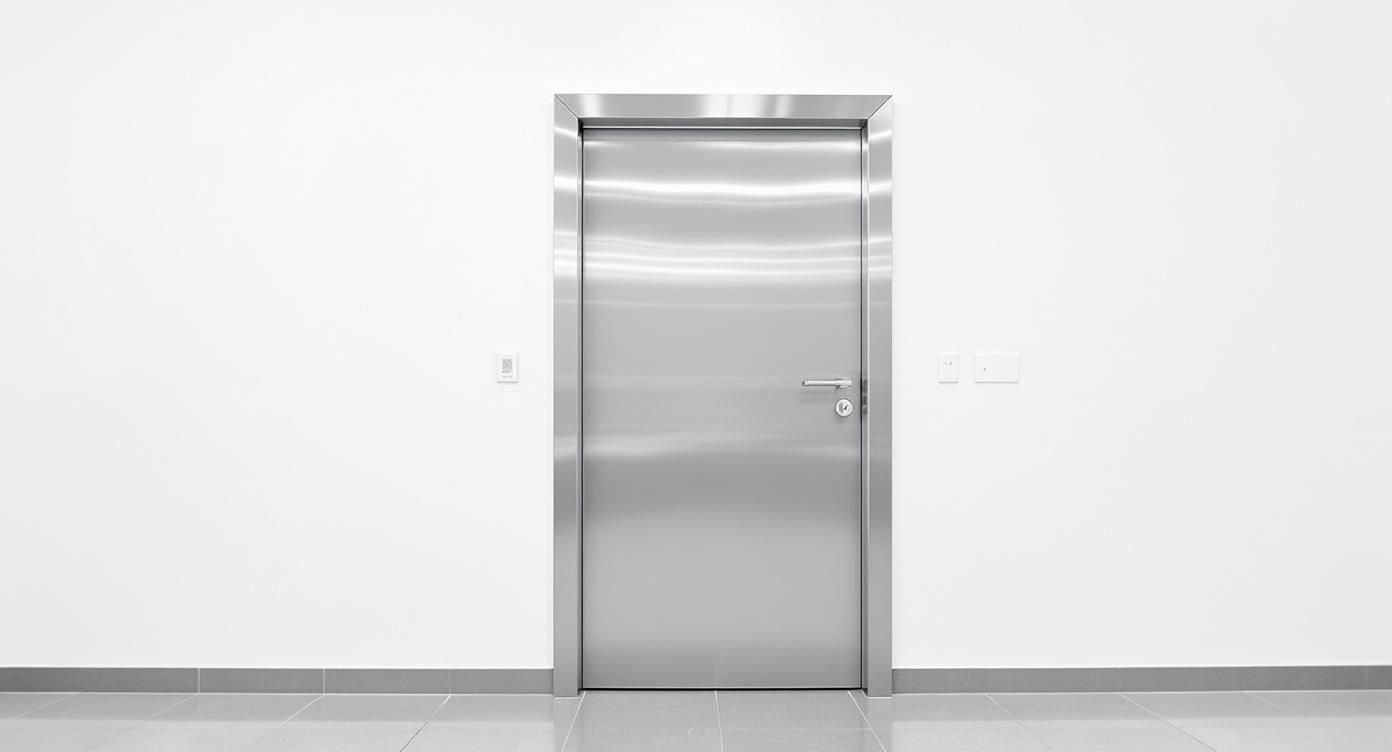 Een strakke, moderne roestvrijstalen deur in een minimalistische witte muur met een grijze tegelvloer.