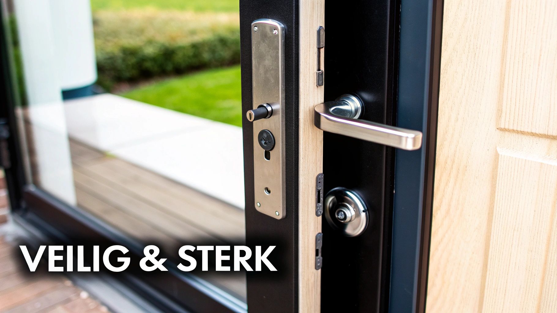 Een close-up van een veilig slot op een moderne stalen deur met glas.