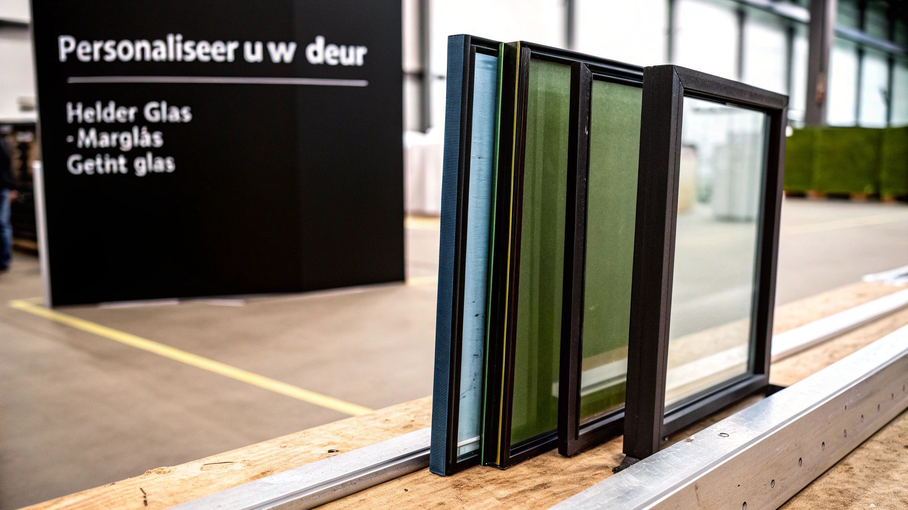 Een close-up van een strakke, zwarte stalen deur met helder glas, die de details van de afwerking en het frame toont.