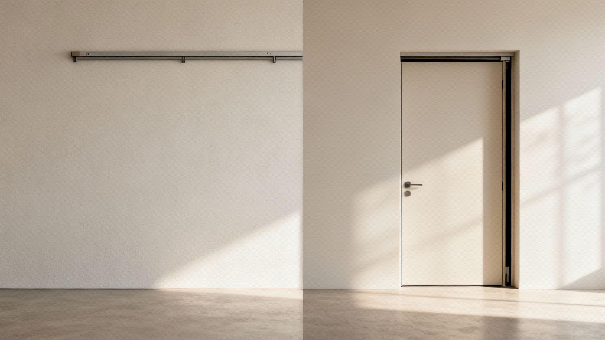 Moderne, lichte binnenruimte met een gesloten deur en een horizontale rail aan de muur, met zonlicht.
