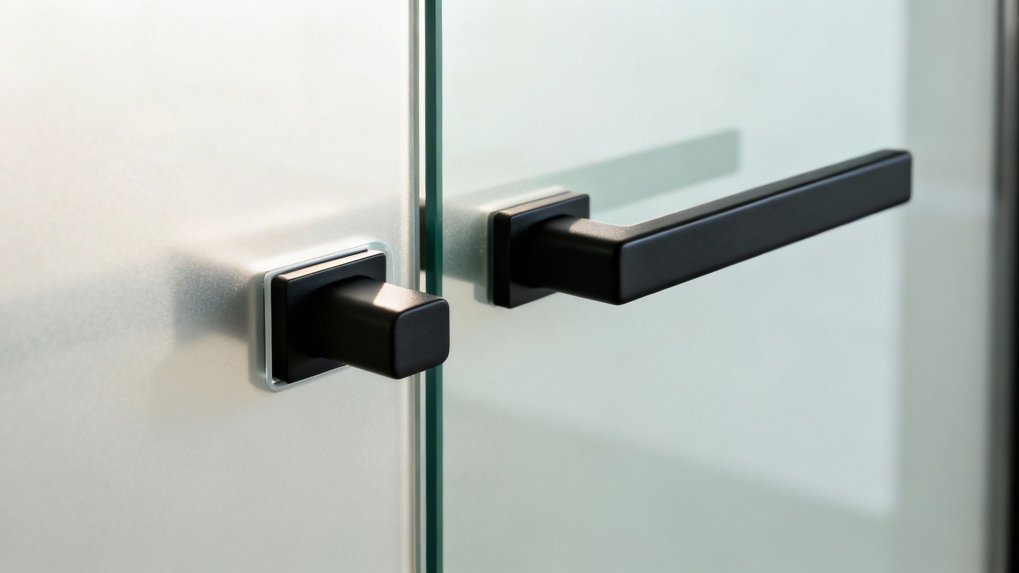 Twee moderne zwarte deurklinken op een matte glazen binnenschuifdeur, close-up en minimalistisch design.
