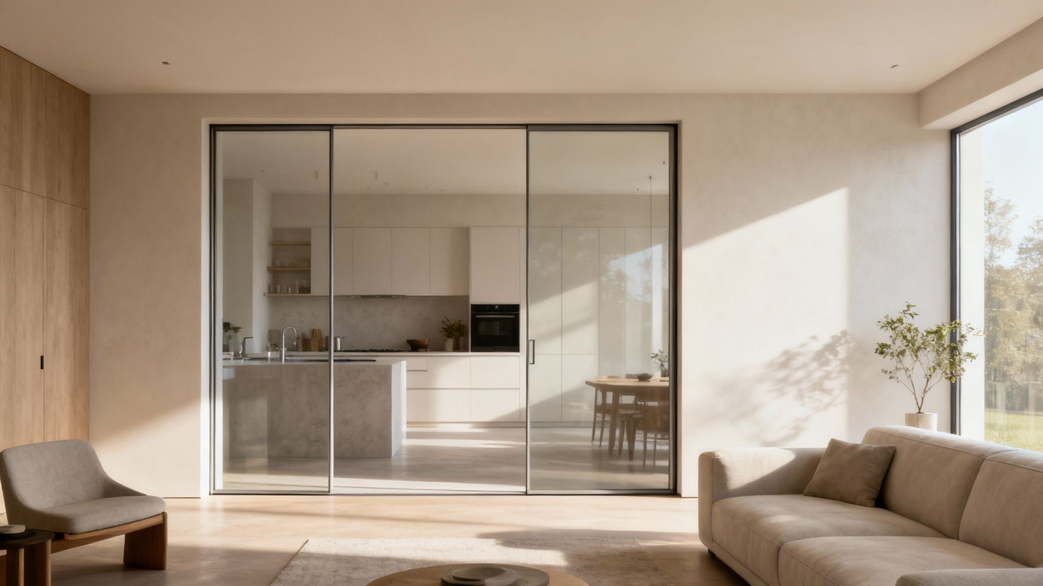 Een modern interieur met een woonkamer en een glazen schuifdeur die toegang biedt tot een lichte keuken en eethoek.