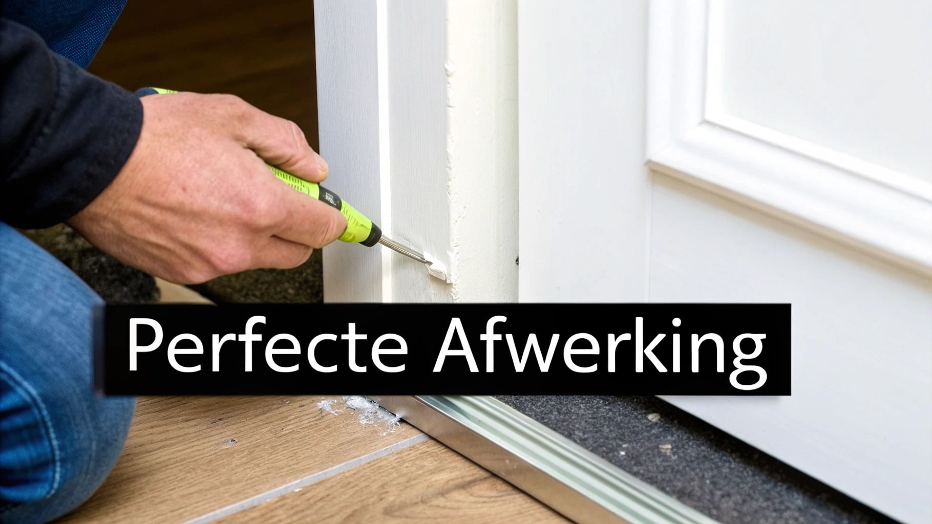 Een persoon die de afwerking van een deurkozijn met kit aanbrengt