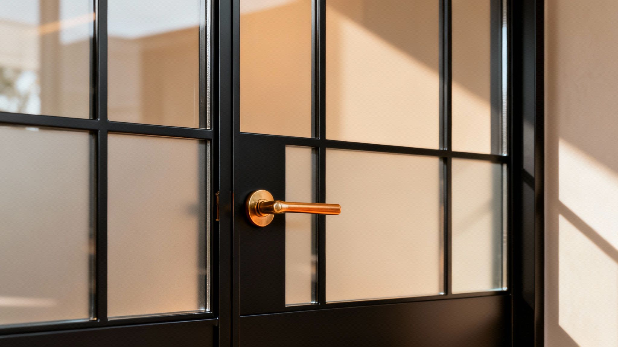 Een moderne zwarte stalen deur met glazen panelen en een gouden handvat in zonlicht.