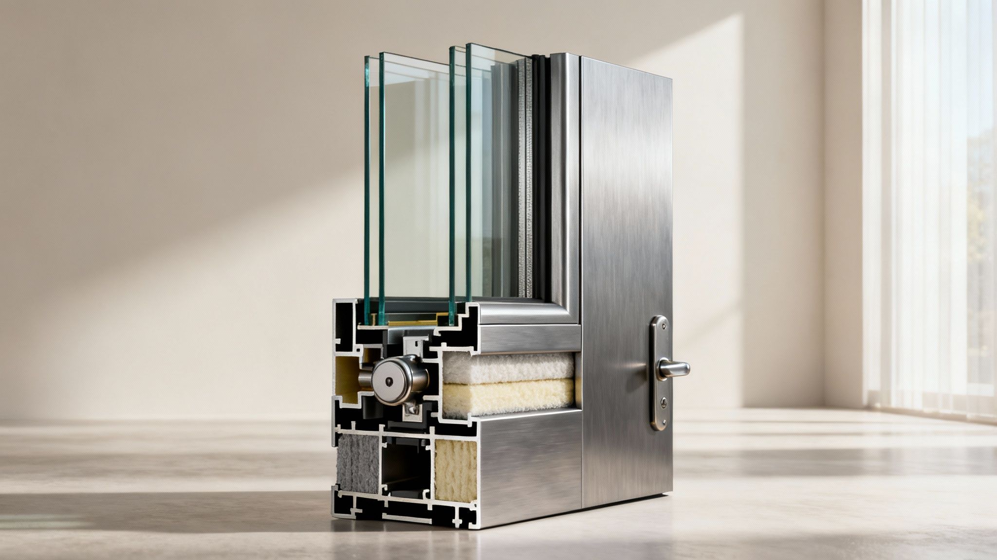 Doorsnede van een modern stalen raam- of deurprofiel met drievoudig glas en isolatie.