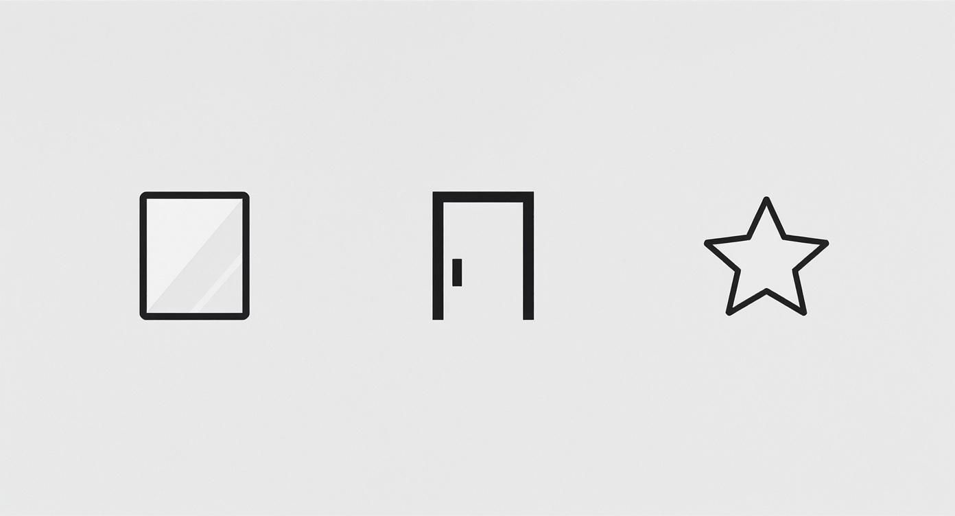 Drie minimalistische lijniconen op een grijze achtergrond: een vierkant venster, een deur met klink en een ster.