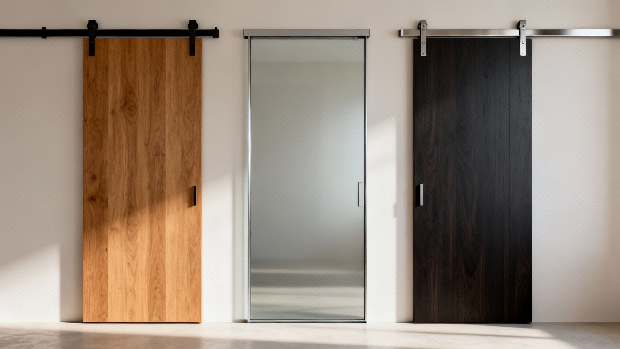 Drie diverse schuifdeuren: een lichte houten, een glazen en een donkere houten deur aan rails.