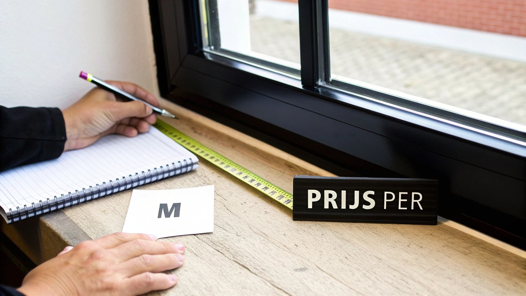 Vrouw meet een groot raam op met een rolmeter